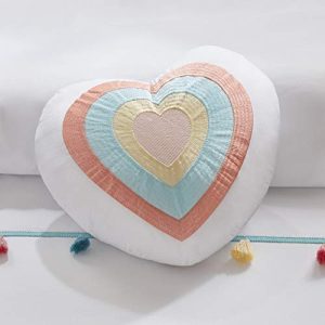 Mi Zone Kids Tessa Comforter Reversible Colorful Tassel Stripes Fringe Sham Embroidery Heart Pillow Ultra-Soft Overfilled Down Alternative Hypoallergenic All Season Bedding-Set, Full/Queen, White