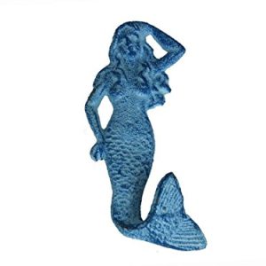 Hampton Nautical Rustic Light Blue Whitewashed Mermaid Hook 6" Decorative Cast Iron Wall Hook