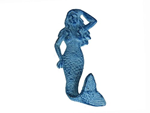 Hampton Nautical Rustic Light Blue Whitewashed Mermaid Hook 6" Decorative Cast Iron Wall Hook