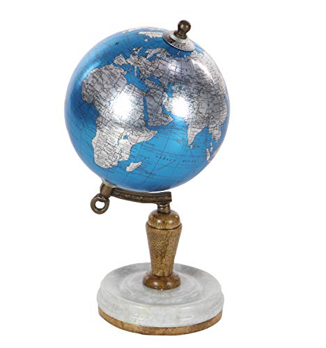 Deco 79 94475 Blue Marble and Resin Globe, 10" x 5", Silver/White/Brown