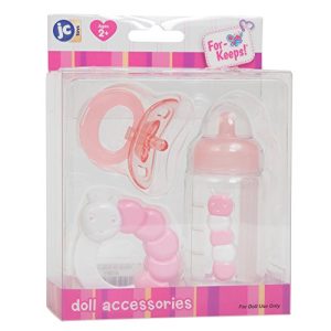 JC Toys 3-Piece Pink Accessory Gift Set Includes Bottle, Pacifier, and Rattle Fits Most Dolls - Ages 2+ - Designed by Berenguer Boutique Baby Doll, Pink