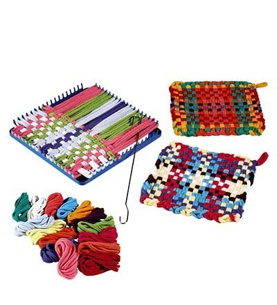 HearthSong Children's Potholder Hook and Loop Kit - Includes 115 Non Fading Cotton Loops, Loom, and Weaving Hook - Multi-Colored - DIY Arts and Crafts for Kids - 7.5'' Sq
