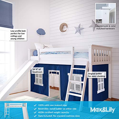 Max & Lily 180213-002-022 Low Loft with Slide, Twin, White, Blue Curtain