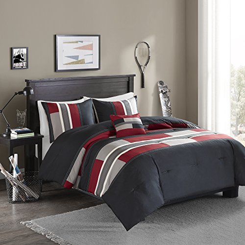 Comfort Spaces Pierre 4 Piece Comforter Set All Season Ultra Soft Hypoallergenic Microfiber Pipeline Stripe Boys Dormitory Bedding, Full/Queen, Black Red