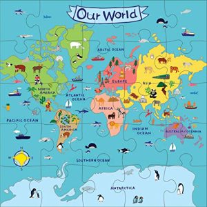 Mudpuppy Our World Jumbo Puzzle, 25 Jumbo Pieces, 22”x22” – For Kids Age 2+ - Colorful World Map with Illustrations of Animals, Landmarks and More–Thick, Sturdy Pieces - Convenient Rope Handle on Box