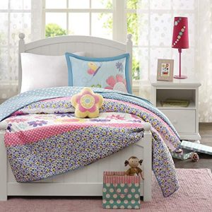 Mi Zone Kids Crazy Daisy Twin Bedding For Girls Quilt Set - Sky Blue, Pink , Flowers, Butterfly – 3 Piece Kids Girls Quilts – Ultra Soft Microfiber Quilt Sets Coverlet