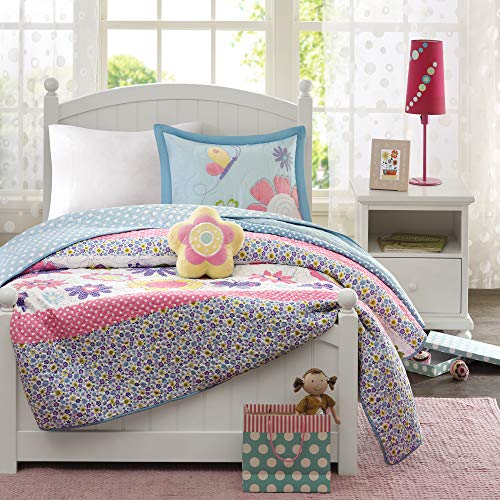 Mi Zone Kids Crazy Daisy Twin Bedding For Girls Quilt Set - Sky Blue, Pink , Flowers, Butterfly – 3 Piece Kids Girls Quilts – Ultra Soft Microfiber Quilt Sets Coverlet