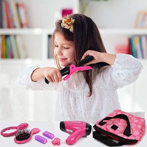 Click N' Play Set of 8 Kids Pretend Play Beauty Salon Fashion Play Set with Hairdryer, Curling Iron, Mirror & Hair Styling Accessories with a Beauty Tote Bag
