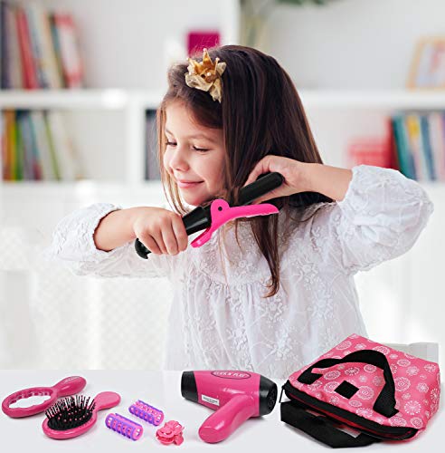 Click N' Play Set of 8 Kids Pretend Play Beauty Salon Fashion Play Set with Hairdryer, Curling Iron, Mirror & Hair Styling Accessories with a Beauty Tote Bag