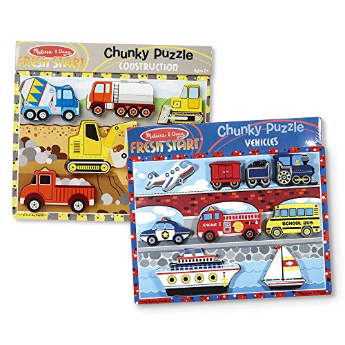 Melissa & Doug Wooden Chunky Puzzles Set - Vehicles and Construction