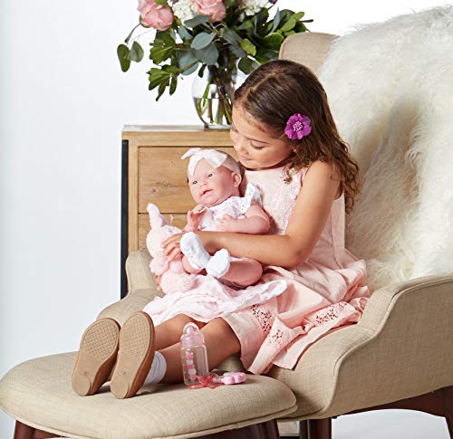 JC Toys La Newborn All-Vinyl-Anatomically Correct Real Girl 15" Doll in White Eyelet Dress with Fluffy Bunny and Accessories Designed by Berenguer