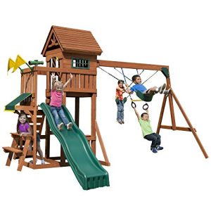 Swing-N-Slide PB 8331 Playful Palace Swing Set with Slide, Swings, Wood Roof, Picnic Table & Climbing Wall, Wood