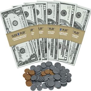Click N' Play Pretend Play Money for Kids Realistic Bills and Coins Counting Math Currency Set of 300 Pieces.