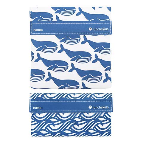 Lunchskins Reusable 2 Piece Food Storage Bag Set, 1 Sandwich Bag + 1 Snack Bag, Blue Whale
