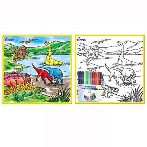 Dimple Washable Coloring Play Mat with Jurassic Dinosaur Era Design and 12 Washable Markers, Small