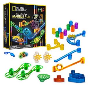 NATIONAL GEOGRAPHIC Marble Run Bundle - Expansion Pack with 5 Glow-in-The-Dark Glass Marbles, 20 Constructionpiece, & UV Light Keychain, Great Creative Stem Toy for Girls & Boys