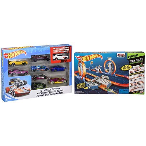 Hot Wheels 9-Car Gift Pack (Styles May Vary) AND Hot Wheels Track Builder Total Turbo Takeover Track Set [Amazon Exclusive]