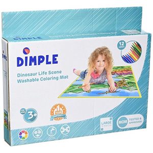 Dimple Washable Coloring Play Mat with Jurassic Dinosaur Era Design and 12 Washable Markers, Small