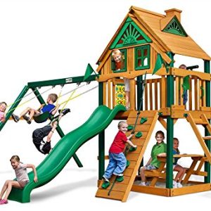 Gorilla Playsets 01-0050-TS Chateau Treehouse Wooden Swing Set with Timber Shield Posts, Rock Wall, Slide and Picnic Table