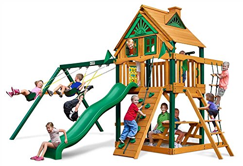 Gorilla Playsets 01-0050-TS Chateau Treehouse Wooden Swing Set with Timber Shield Posts, Rock Wall, Slide and Picnic Table