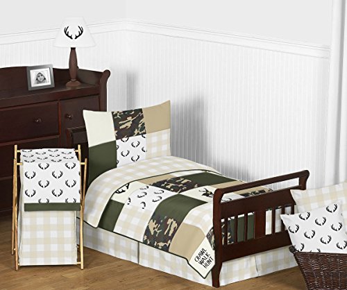 Sweet Jojo Designs Green and Beige Rustic Deer Buffalo Plaid Check Baby Kid Clothes Laundry Hamper for Woodland Camo Collection