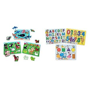 Melissa & Doug Peg Puzzles Set, Farm Animals, Pets, Ocean (3 Peg Puzzles, Best for 2, 3, and 4 Year Olds) & Disney Classics Alphabet Wooden Peg Puzzle (26 Pieces, Best for 3, 4, 5 Year Olds and Up)