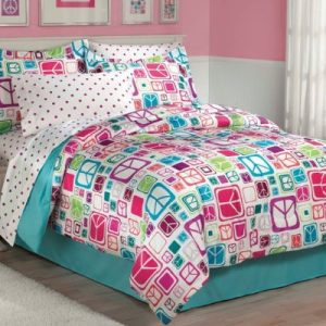 My Room Peace Out Girls Comforter Set with Bedskirt, Teal, Twin