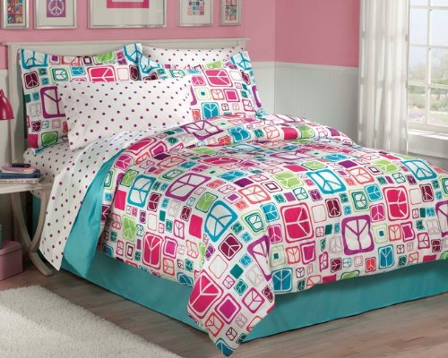 My Room Peace Out Girls Comforter Set with Bedskirt, Teal, Twin