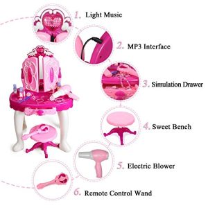 SainSmart Jr. Pretend Princess Girls Vanity Table with Fairy Infrared Control and MP3 Music Playing, Princess Dressing Makeup Table, with Mirror, Cosmetics and Working Hair Dryer