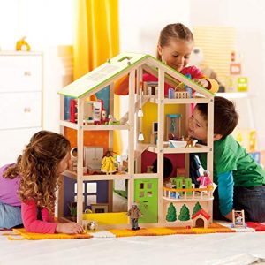 All Seasons Kids Wooden Dollhouse by Hape | Award Winning 3 Story Dolls House Toy with Furniture, Accessories, Movable Stairs and Reversible Season Theme