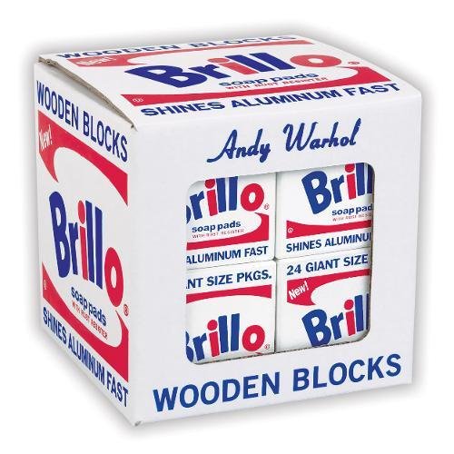 Mudpuppy Andy Warhol Brillo Wooden Blocks - 8 Pieces, 7 White and 1 Yellow Brillo Box Sculptures, Perfect for Children and Adults Ages 2+