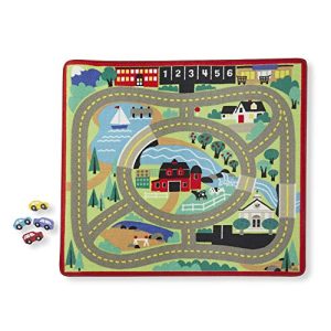 Melissa & Doug Round the Town Road Rug & Car Set (Cars & Trucks, Safe for All Floors, 4 Wooden Cars, 36” W x 39"L, Great Gift for Girls and Boys – Best for 3, 4, 5, 6, 7 and 8 Year Olds)