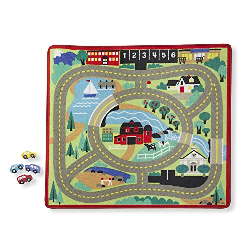 Melissa & Doug Round the Town Road Rug & Car Set (Cars & Trucks, Safe for All Floors, 4 Wooden Cars, 36” W x 39"L, Great Gift for Girls and Boys – Best for 3, 4, 5, 6, 7 and 8 Year Olds)