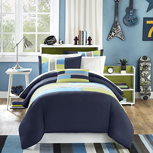 MI ZONE Pipeline King/Cal King Duvet Cover Set Kids Boy - Navy Blue, Striped Pieced – 4 Piece Bed Set Cover – Ultra Soft Microfiber Kid Boys Bedding Set