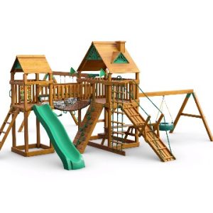 Gorilla Playsets 01-0006-AP Pioneer Peak Wood Swing Set with Wood Roof, Tire Swing, Clatter Bridge and Tower, Ramp, Slide, Two Swings, Amber