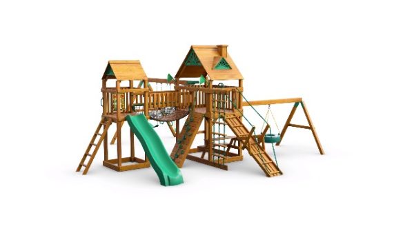 Gorilla Playsets 01-0006-AP Pioneer Peak Wood Swing Set with Wood Roof, Tire Swing, Clatter Bridge and Tower, Ramp, Slide, Two Swings, Amber
