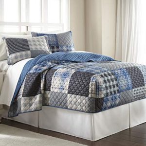 Thermee Micro Flannel Fitted Quilt Set, Twin, Ultramarine Plaid
