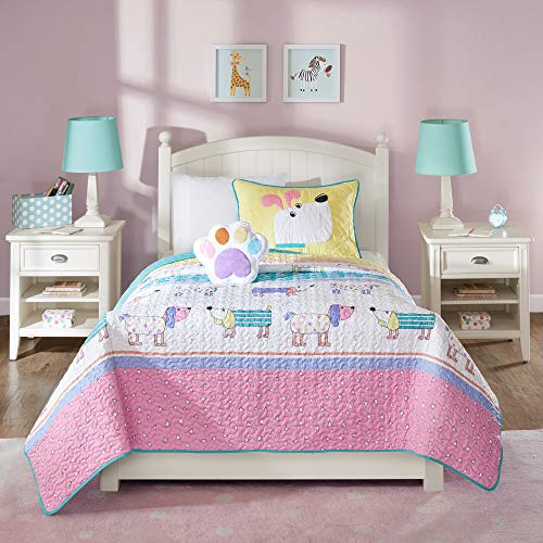 Mi Zone Kids Milo Full/Queen Bedding for Girls Quilt Set - Pink Yellow, Animal Dog – 4 Piece Kids Girls Quilts – Ultra Soft Microfiber Quilt Sets Coverlet