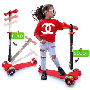 3 Wheeled Scooter for Kids - Stand & Cruise Child/Toddlers Toy Folding Kick Scooters w/Adjustable Height, Anti-Slip Deck, Flashing Wheel Lights