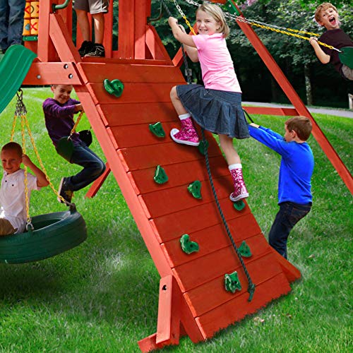 Gorilla Playsets 01-0010 Sun Valley I Wood Swing Set with Green Vinyl Canopy, Extra-Wide Rock Climbing Wall, Tire Swing, Two Swings, Redwood