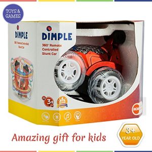 Dimple Red RC Light Up Rechargeable Remote Controlled Acrobatic Flip Stunt Car for Boys and Girls with 360◦ Front Wheels for Flipping, Spinning and Racing, Lights Up & Music