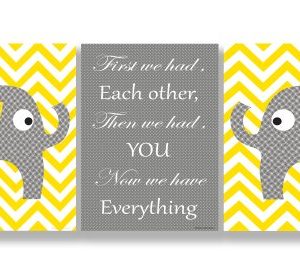 The Kids Room by Stupell Grey Elephants On Yellow Chevron Now We Have You 3-Pc. Rectangle Wall Plaque Set, 11 x 0.5 x 15, Proudly Made in USA