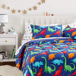AmazonBasics Easy Care Super Soft Microfiber Kid's Bed-in-a-Bag Bedding Set - Full / Queen, Multi-Color Dinosaurs