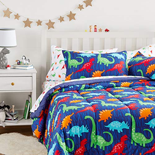 AmazonBasics Easy Care Super Soft Microfiber Kid's Bed-in-a-Bag Bedding Set - Full / Queen, Multi-Color Dinosaurs