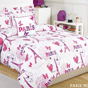 Mytex Paris Love 4-Piece Comforter Set Eiffel Tower, Butterflies, Hearts, Typography, Girls Bedding, Polyester, Full, Fuchsia