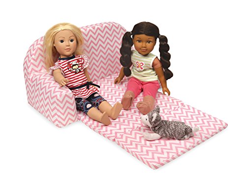 Badger Basket Chevron Upholstered Doll Sofa with Foldout Bed (fits American Girl Dolls), Pink/White