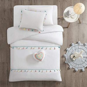 Mi Zone Kids Tessa Comforter Reversible Colorful Tassel Stripes Fringe Sham Embroidery Heart Pillow Ultra-Soft Overfilled Down Alternative Hypoallergenic All Season Bedding-Set, Full/Queen, White
