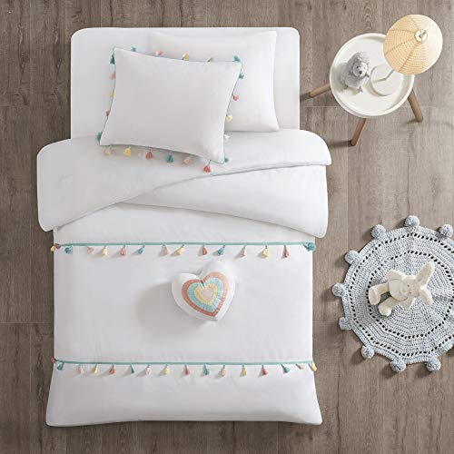 Mi Zone Kids Tessa Comforter Reversible Colorful Tassel Stripes Fringe Sham Embroidery Heart Pillow Ultra-Soft Overfilled Down Alternative Hypoallergenic All Season Bedding-Set, Full/Queen, White