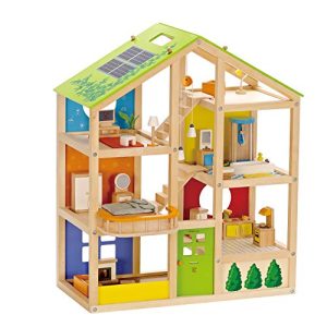 All Seasons Kids Wooden Dollhouse by Hape | Award Winning 3 Story Dolls House Toy with Furniture, Accessories, Movable Stairs and Reversible Season Theme