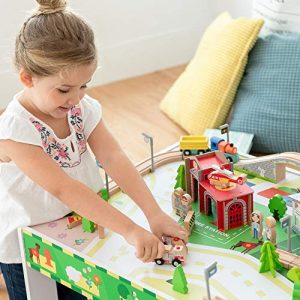 Teamson Kids - 85 Pcs Train Set and Table Wooden Tracks & Accessories Preschool Play Lab Toys Country for Boys Kids Toddlers - White